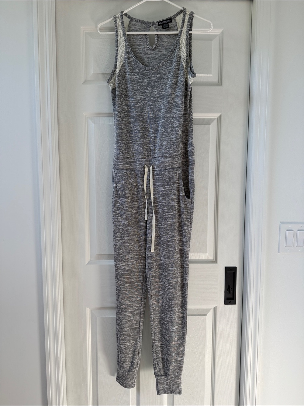 Miss Chievous Gray Marled Sleeveless Knit Jumpsuit with Drawstring